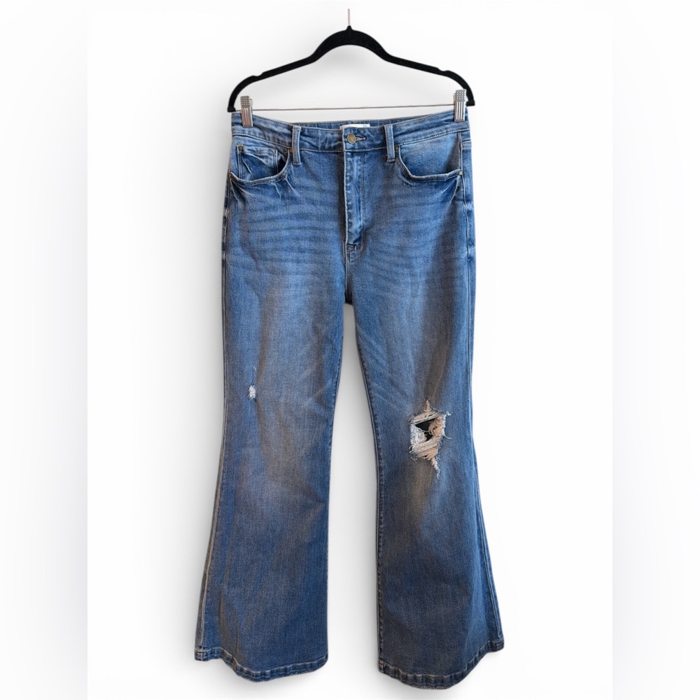 Petra Flare Jeans Size 13/30 Medium Wash High Rise Distressing Stretch - Picture 3 of 13
